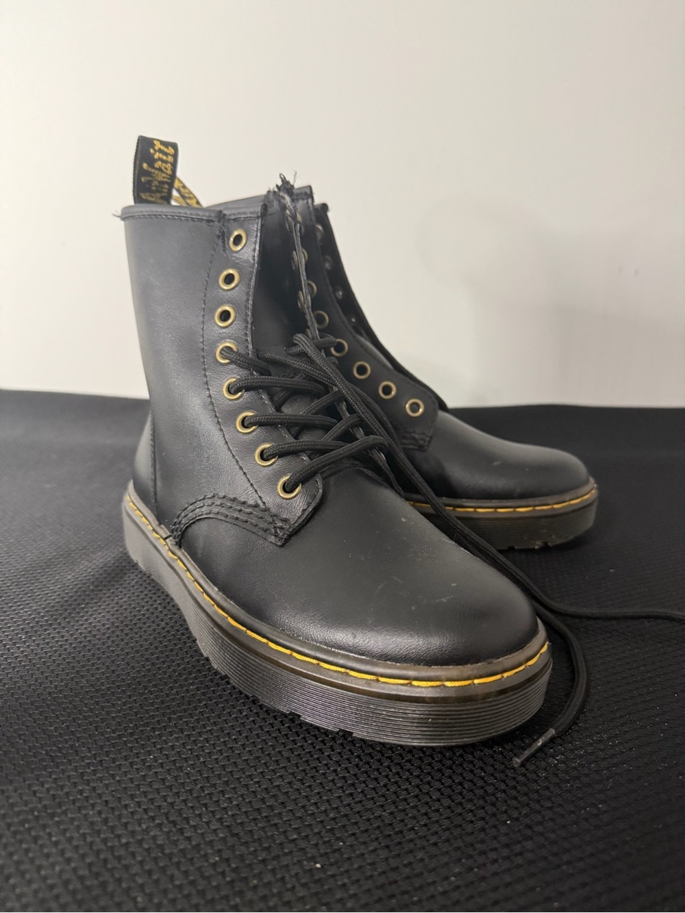 Dr. Martens Black Leather Lace-Up Combat Boots with Yellow Stitching